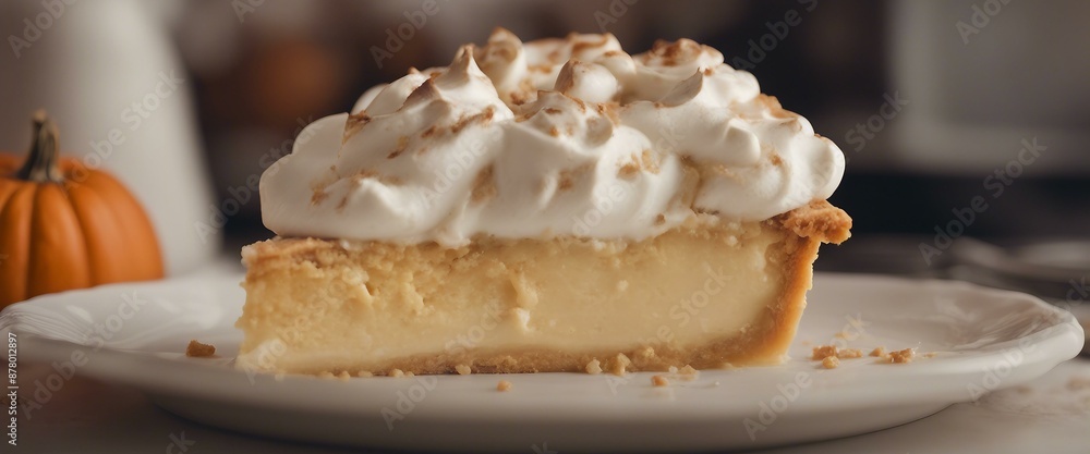 A tempting slice of pie adorned with whipped cream rests on a plate amid vibrant pumpkins. Another slice adds depth to the scene creating visual allure. A tempting slice of pie adorned with whipped cream rests on a plate amid vibrant pumpkins. Another slice adds depth to the scene creating visual allure.