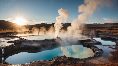 An image of a geothermal spring with hot springs, emitting steam and water from the earth.