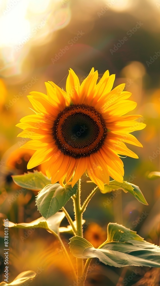Fototapeta premium A vibrant sunflower stands tall against a blurred background of sunlight and greenery, highlighting its bright yellow petals and textured dark center.