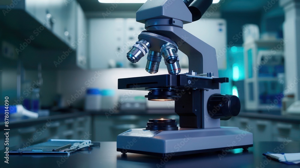 Precision shot of a microscope with a reflective metal lens in a sleek lab. Precision shot of a microscope with a reflective metal lens in a sleek lab.