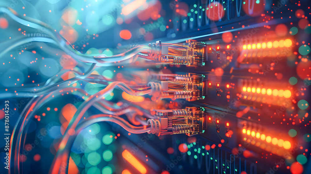 Fiber Optic cables connected to optic ports and Network cables ...