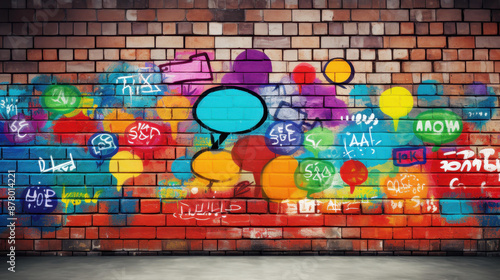 Vibrant urban communication depicted through colorful graffiti speech bubbles adorning a brick wall.