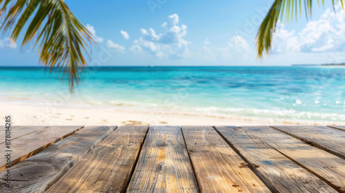 Create eyecatching product mockups with a wooden table against a tropical beach backdrop. Stand out with this unique concept.