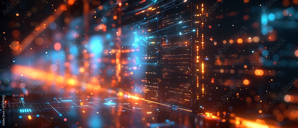 Fototapeta premium Abstract network grid with files and folders, futuristic software interface, digital document management system, store, search and organize documents, corporate business, paperless office 