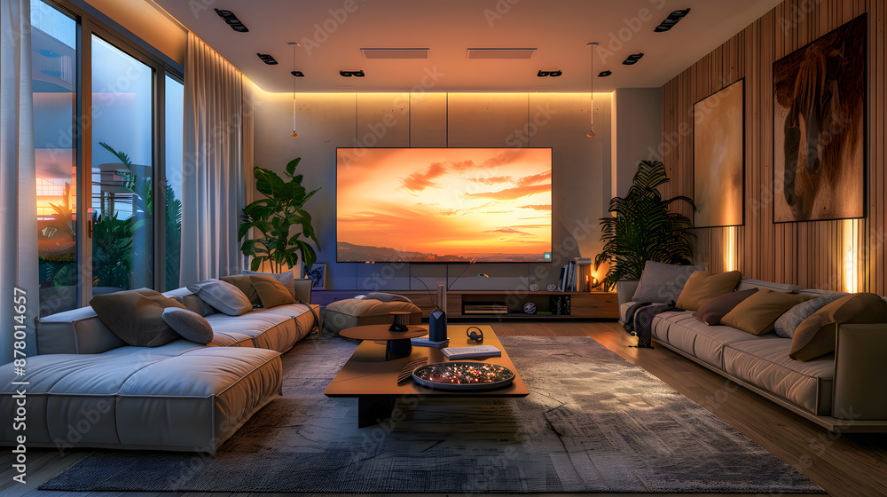 Fototapeta premium Big Tv In A Living Room. Elegant living room with big tv screen