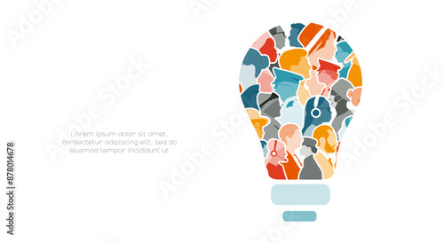 Different people together in light bulb shape frame. Modern design.