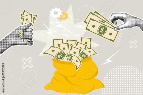 Trendy halftone business concept collage. Idea concept, savings concept, financial planning,financial profit. Trendy modern retro illustration. Vector illustration