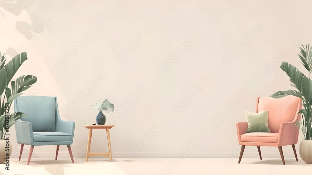 Fototapeta premium A colorful room with two orange chairs and a blue table