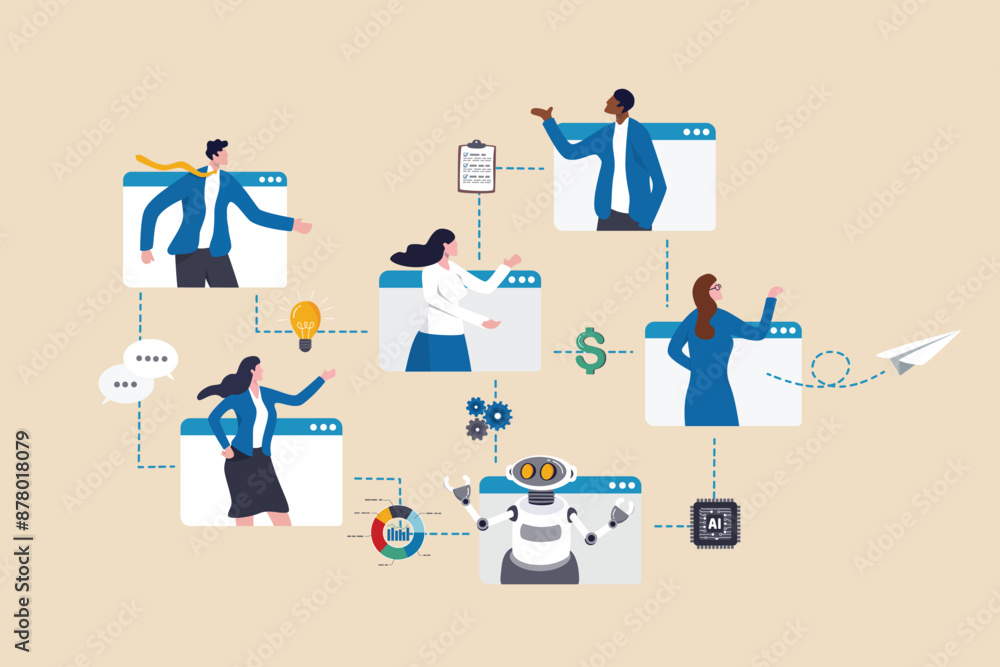 © Nuthawut - Office workflow diagram, working process, organization chart or corporate flowchart, task management, innovation working with AI artificial intelligence concept, business people on office workflow.