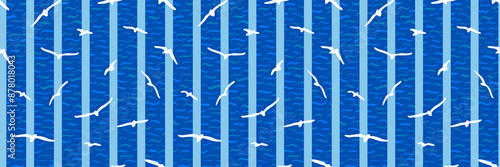 Seagulls, stripes and water waves abstract seamless pattern. Blue costal summer vacation background banner