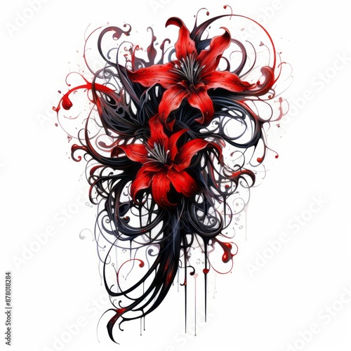 red spider lily blackout tattoo style on white background , High quality photo photo