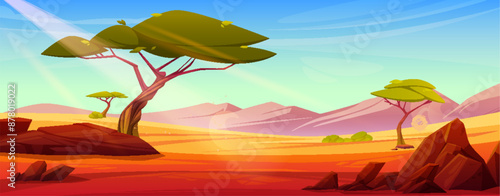 African savannah desert landscape with sand surface and stones, acacia green trees and rock mountains, blue sky on sunny summer day. Cartoon vector illustration of dry wilderness plain scenery.