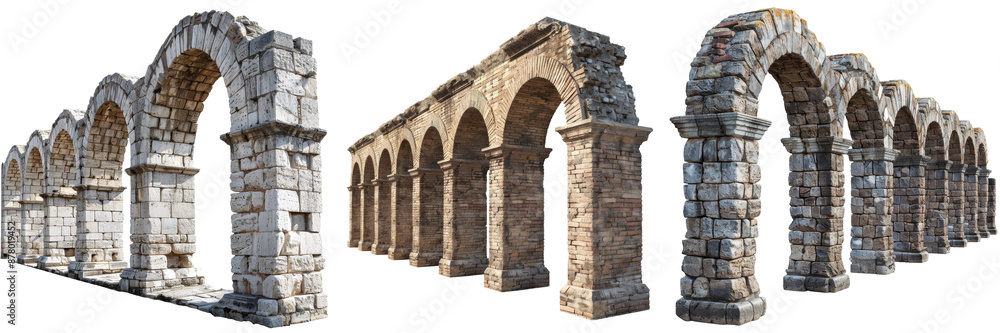 Ancient Roman Aqueduct Brick Wall Set Isolated on Transparent or White Background, PNG Ancient Roman Aqueduct Brick Wall Set Isolated on Transparent or White Background, PNG