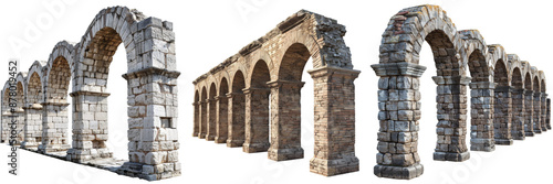 Ancient Roman Aqueduct Brick Wall Set Isolated on Transparent or White Background, PNG