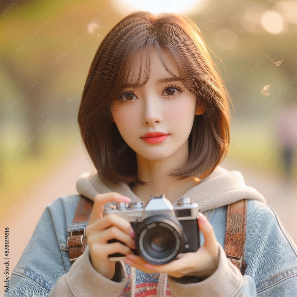 Young Woman with Camera in Nature Setting with Generative AI. Young Woman with Camera in Nature Setting with Generative AI.