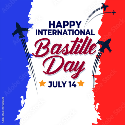 Banner illustration of Bastille Day celebration with Eifel Tower, Waving flag and French National Day July 14