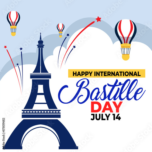 Banner illustration of Bastille Day celebration with Eifel Tower, Waving flag and French National Day July 14