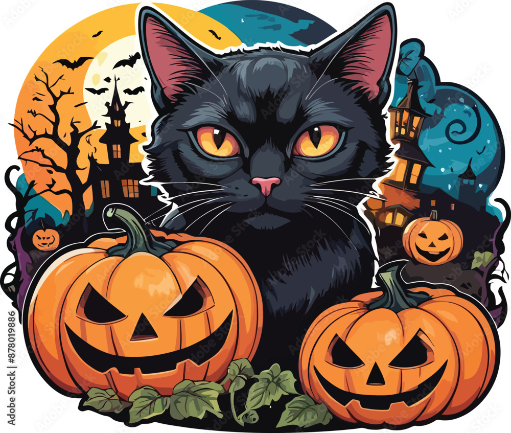 Scary Black Cat and Haunted Pumpkins – Halloween Vector Illustrations Scary Black Cat and Haunted Pumpkins – Halloween Vector Illustrations