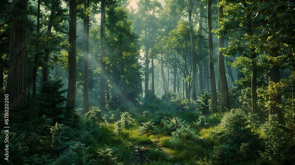 a landscape of a dense and relaxing forest full of tall trees, pines and bushes a landscape of a dense and relaxing forest full of tall trees, pines and bushes