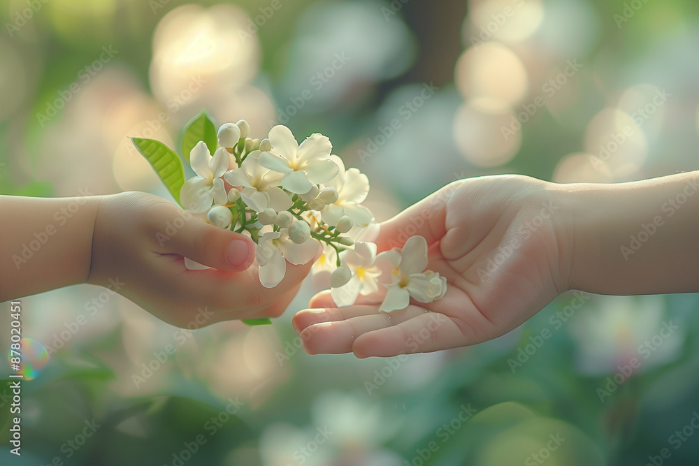 Mother’s day with white jasmine concept, A child presenting a small bouquet of jasmine flowers to their mother. Mother’s day with white jasmine concept, A child presenting a small bouquet of jasmine flowers to their mother.