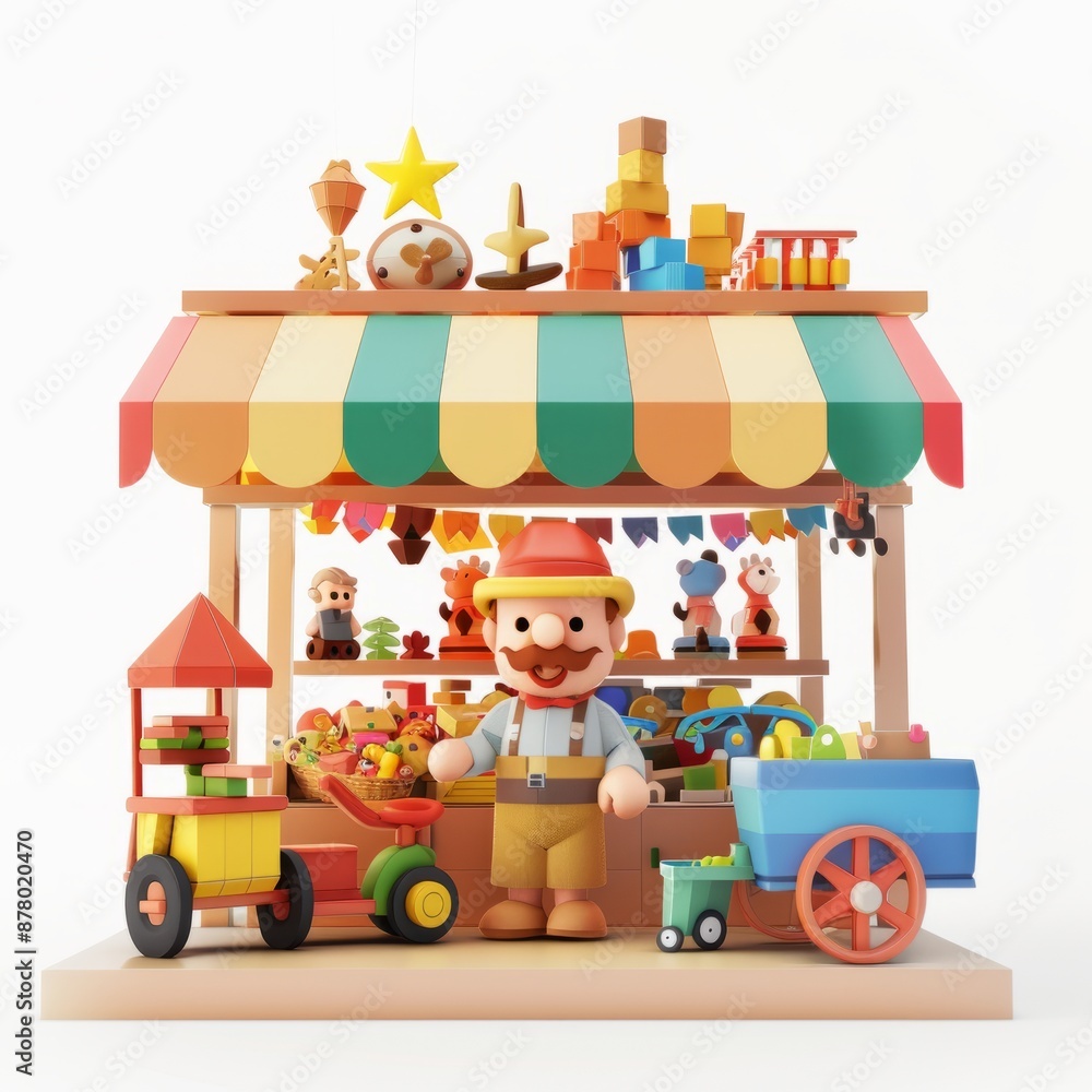 Obraz premium 3D Render, Low Poly style of a toy merchant with shelves of handcrafted wooden toys, on isolated white background, Generative AI