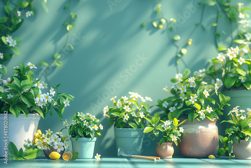 Mother’s day with white jasmine concept, Jasmine Plants and Gardening Tools, A scene of potted jasmine plants and gardening tools, suggesting a shared gardening activity between mother and child.