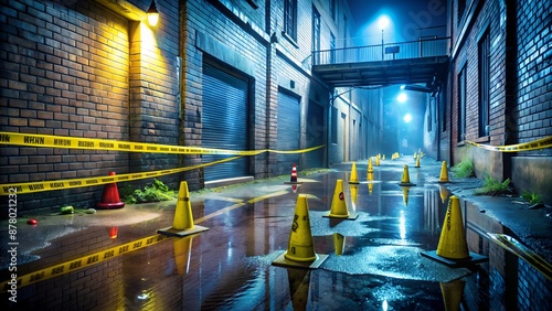 Forensic markers and evidence cones scattered across a dimly lit, rain-soaked alleyway, reconstructing a mysterious incident with caution tape and flashlights surrounding the area. photo