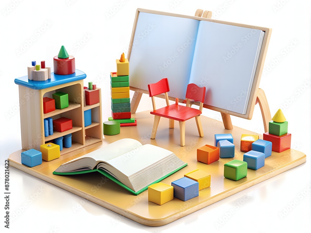 Colorful illustration of a circular book reading setup with a open book, toys, and blocks surrounding a empty teacher's chair, conveying preschool learning environment. Colorful illustration of a circular book reading setup with a open book, toys, and blocks surrounding a empty teacher's chair, conveying preschool learning environment.