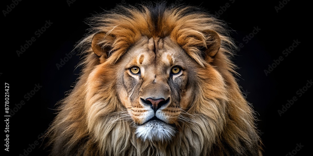 Fototapeta premium Majestic lion's piercing gaze on a black background, symbolizing inner strength, resilience, and courage, perfect for motivational posts, stoic philosophy, and inspirational male empowerment themes.