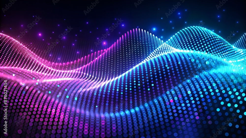 Vibrant futuristic digital background featuring a dynamic wave of glowing points in mesmerizing shades of blue and purple, perfect for presentation design and tech visuals. Vibrant futuristic digital background featuring a dynamic wave of glowing points in mesmerizing shades of blue and purple, perfect for presentation design and tech visuals.