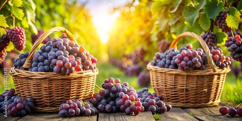 Ripe purple grapes overflow from wicker baskets amidst lush green vineyards, warm sunlight casting a golden glow on the fruitful harvest scene. photo