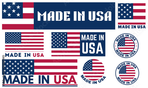 Made in USA badges set. American labels. Patriotic logo or stamp. Vector illustration. Large set of Made in USA labels, signs. USA patriotic signs. Americans banners templates. set of made in the usa