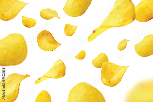 Potato chips flying on white background. Vector realistic illustration of fast food snacks falling down, splash of crispy fried or baked vegetable meal, spicy appetizer pattern, salty oval slices