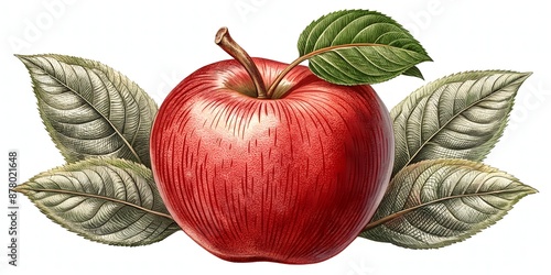 Vintage ornate engraved illustration of a single ripe red apple with leafy stem and detailed botanical textures on a transparent background in PNG format.