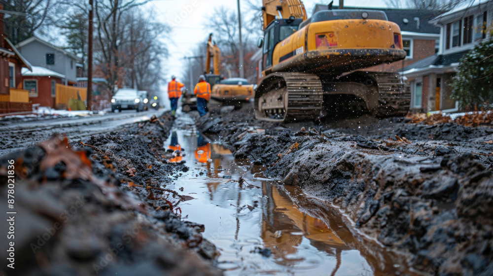 A team of construction workers ensures proper drainage systems are installed to prevent future issues on a construction site. A team of construction workers ensures proper drainage systems are installed to prevent future issues on a construction site.