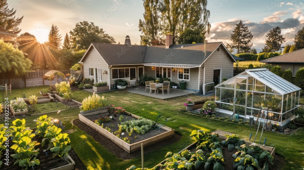 ranch house with a backyard that features a large, organic vegetable ...