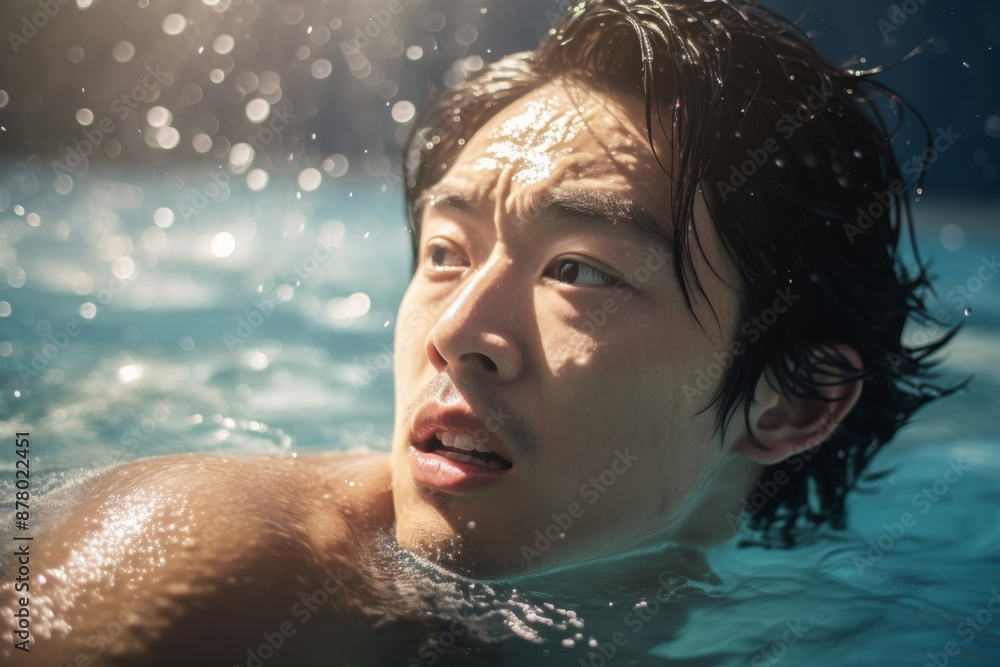 Close-up photo of a 30-year-old Asian man swimming in an outdoor pool, enjoying the extreme heat
Close-up photo of a 30-year-old Asian man swimming in an outdoor pool, enjoying the extreme heat