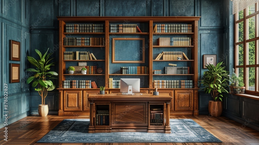 Fototapeta premium Cozy office room with a wooden desk, bookshelves filled with books, and a potted plant in the corner Generative AI