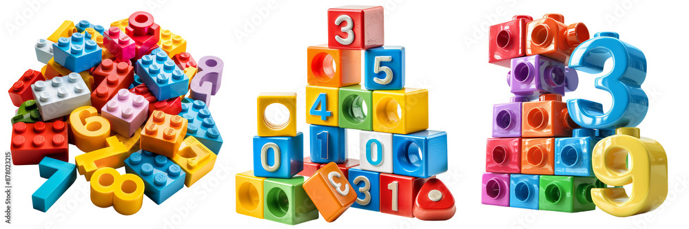 Fototapeta premium Colorful Toy Building Blocks Numbers Set Isolated on Transparent or White Background, PNG