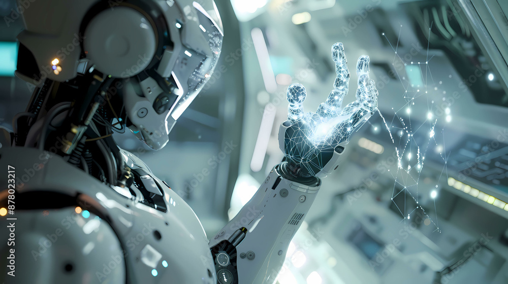 White robot arm using digital technology connection. 3D rendering on big data network connection background, Science and artificial intelligence technology. White robot arm using digital technology connection. 3D rendering on big data network connection background, Science and artificial intelligence technology.