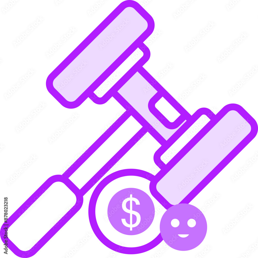 Dollar and Emoji Symbol Being Hit by Hammer Icon in Purple and White Color. Dollar and Emoji Symbol Being Hit by Hammer Icon in Purple and White Color.