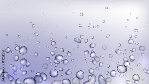 Realistic 3d background with fizzy bubble in carbonated effervescent soda water or soluble tablet rise from bottom up. Vector illustration bg with underwater sparkling oxygen or gas soda round blob.