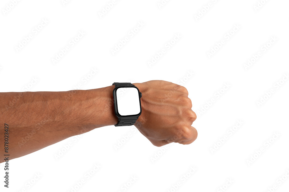 Fototapeta premium Male hand wearing a black metal smartwatch isolated no background blanc screen mockup