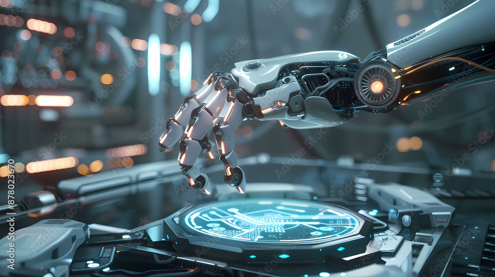 Obraz premium White robot arm using digital technology connection. 3D rendering on big data network connection background, Science and artificial intelligence technology.