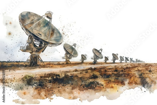 Radio Telescope Array A watercolor painting showing a field of radio telescopes working in unison to capture radio waves from space