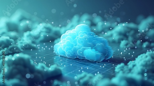Digital cloud surrounded by particles in a futuristic, neon-lit environment, illustrating modern cloud computing technology.