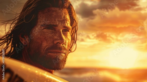 The picture of the adult caucasian man is surfing near the sea or the ocean and then stop to looking or staring at something off the camera opposite to the daylight at the dawn or dusk time. AIG43.
