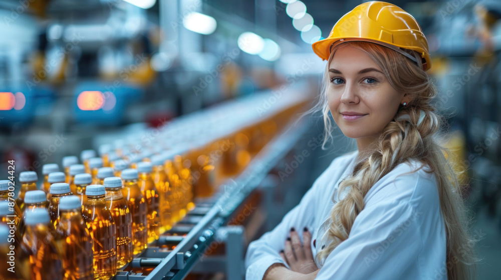 A worker monitors the speed settings of an automated beverage bottling line A worker monitors the speed settings of an automated beverage bottling line