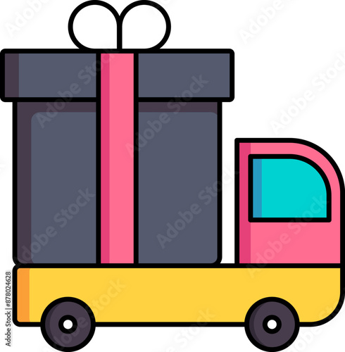 Pickup Truck Carrying Large Gift Box Icon in Colorful.