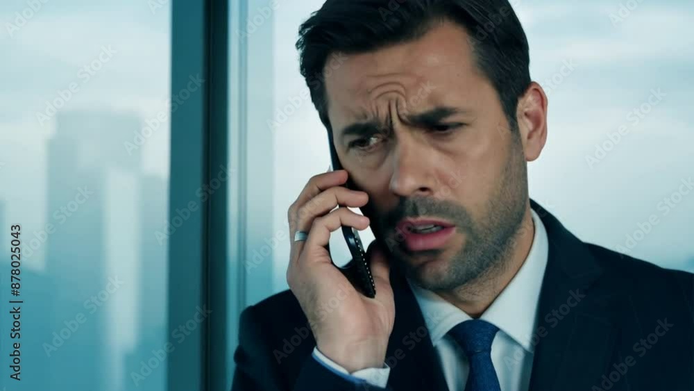 A stressed businessman pacing back and forth in his office, talking urgently on his phone. A stressed businessman pacing back and forth in his office, talking urgently on his phone.